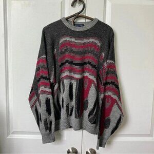 Vintage Brics Geometric Stripe Abstract Gray Knit Grandpa Sweater